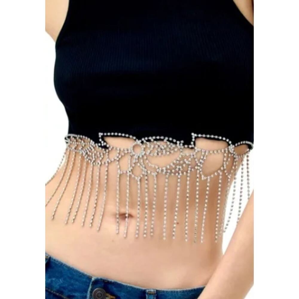 Zara Black Ribbed Cropped Halter Top Rhinestone Fringe Hem XS-Small - Picture 6 of 7